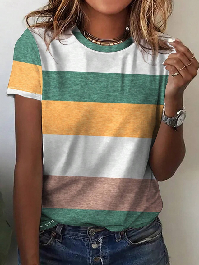  Women's T Shirt Striped Casual Short Sleeve Round Neck Regular Tops Daily Print Pink Green Summer