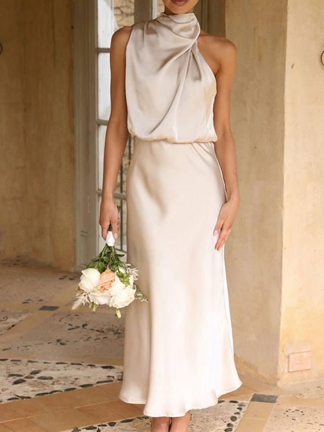  Women's Long Dress Maxi Dress Prom Dress Casual Dress Satin Dress Summer Dress Fashion Outdoor Holiday Date Regular Fit Plain Sleeveless Halter Neck Black Apricot Rose Pink Summer Spring