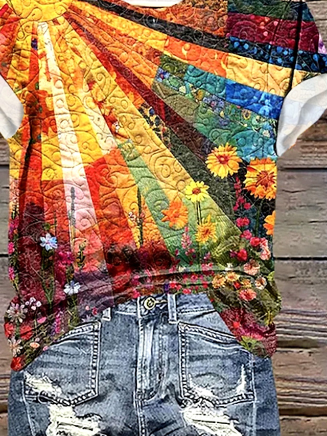  Damskie Podkoszulek Ombre Graficzny Elegancja Zabytkowe Moda Krótki rękaw Okrągły dekolt Zwykłe topy Codzienny Wyjściowe Weekend Nadruk Tęczowy Lato
