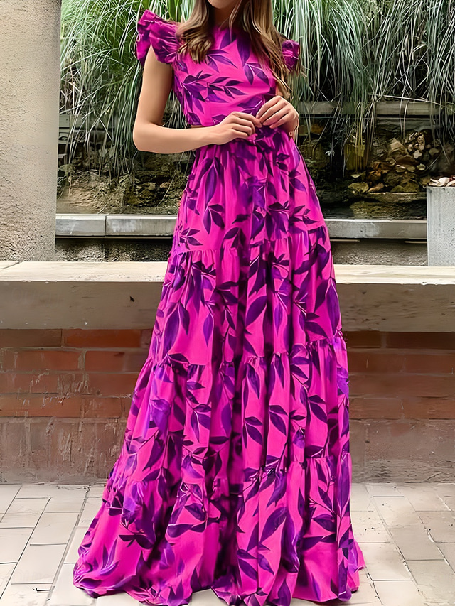  Damen Maxikleid Korsett Kleid Wickel Kleid A-Linie Kleid Rüsch Kleid Bohemia Vintage Boho Ausgestellter Ärmels Urlaub Feiertag Cocktail Party Floral Grafik Kurzarm Rundhals Rot