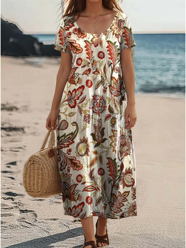  Women's Maxi Dress Casual Dress Elegant Bohemia Vacation Daily Loose Fit Paisley Color Block Vintage Short Sleeve Crew Neck Beige Summer