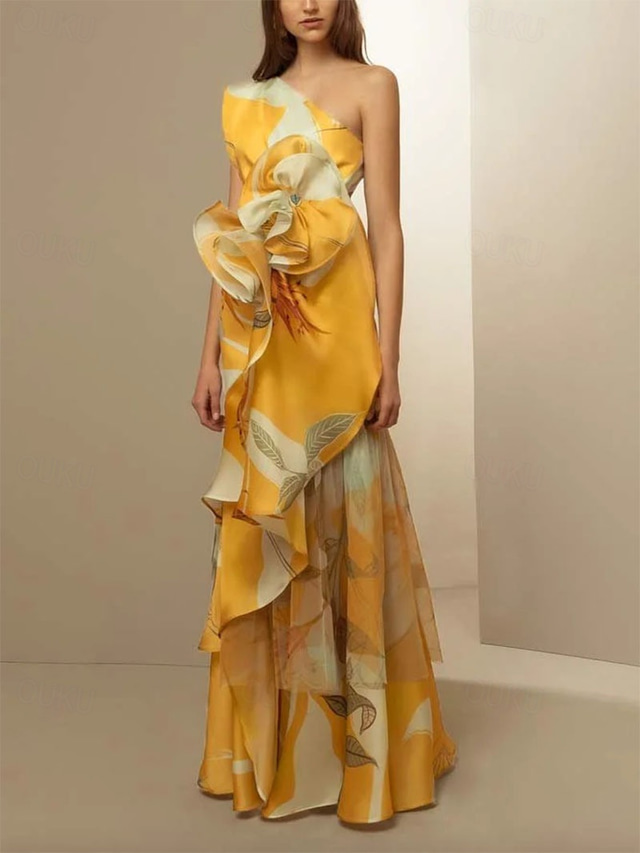  Yellow A-Line Evening Gown Vintage Dress Formal Prom Floor Length Sleeveless One Shoulder Satin with Glitter Floral Print Ruffles Wedding Guest Dress 2025