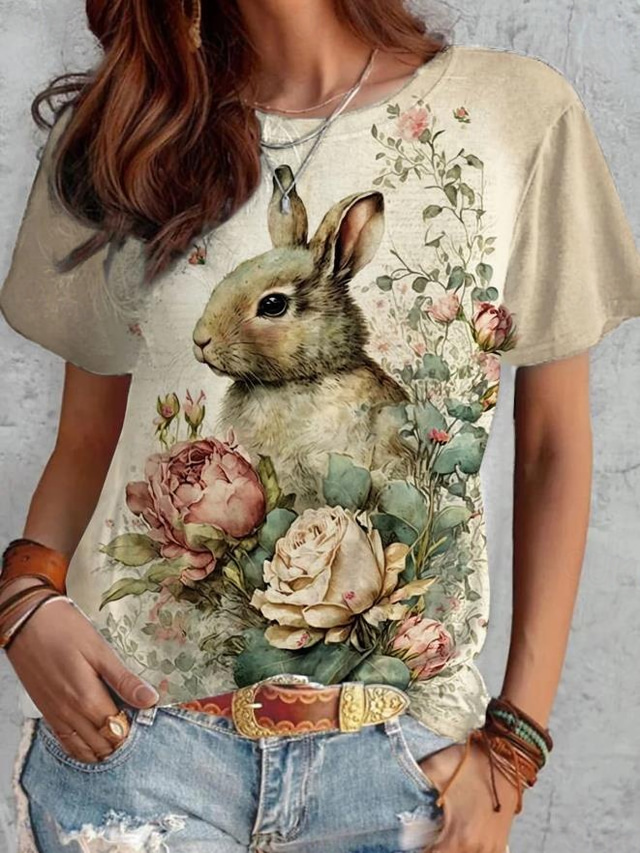  イースター 女性用 Tシャツ フラワー 動物 カジュアル 半袖 ラウンドネック レギュラートップス 日常 プリント イエロー 夏