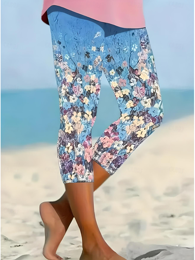  Női leggings capri szárú nadrág magas elaszticitás nyaralás divat hawaii bokáig érő közepes derék virágos nyomtatás hőszigetelő meleg lélegző puha nyaralás hétköznapi robins tojás kék normál fazon