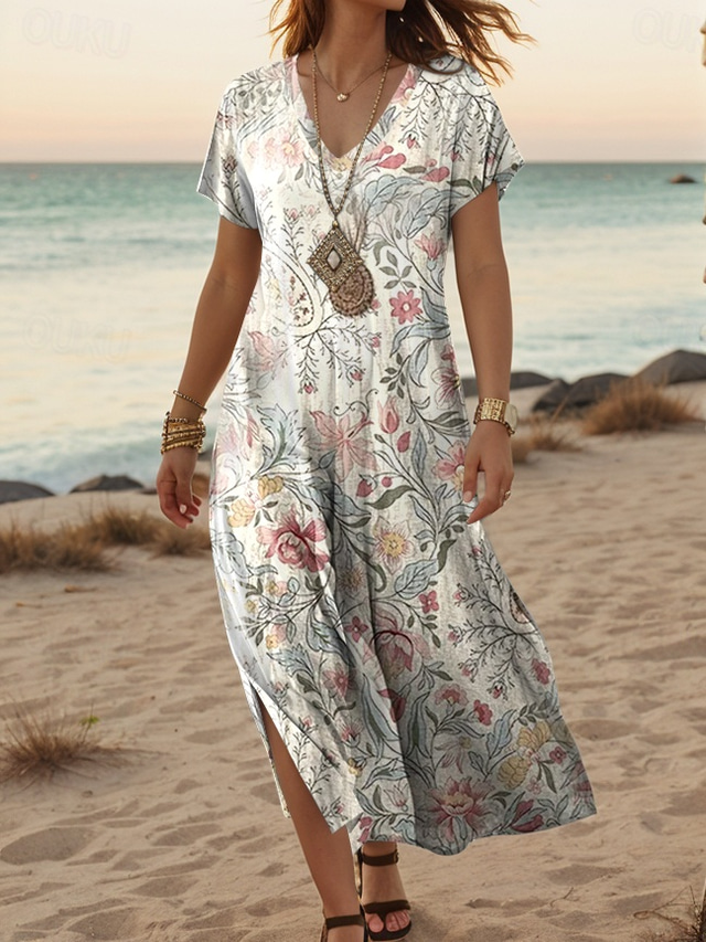  Women's Maxi Dress Casual Dress A Line Dress Stylish Casual Vacation Daily Regular Fit Floral Short Sleeve V Neck White Spring Fall