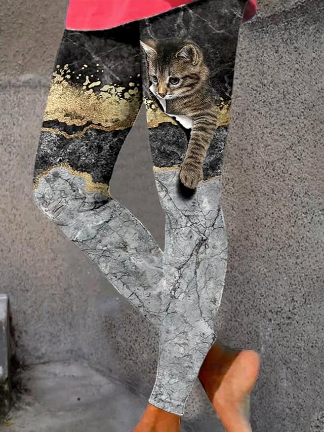  Women's Leggings Trousers Vintage Fashion Casual Full Length High Waist Graphic Cat 3D Print Printing Breathable Soft Micro-elastic Vacation Casual Daily Sillver Gray Summer Spring Regular Fit