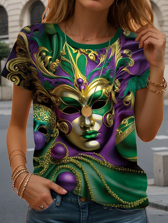  Carnival Women's T Shirt Graphic Casual Short Sleeve Round Neck Regular Tops Daily Print Green Summer