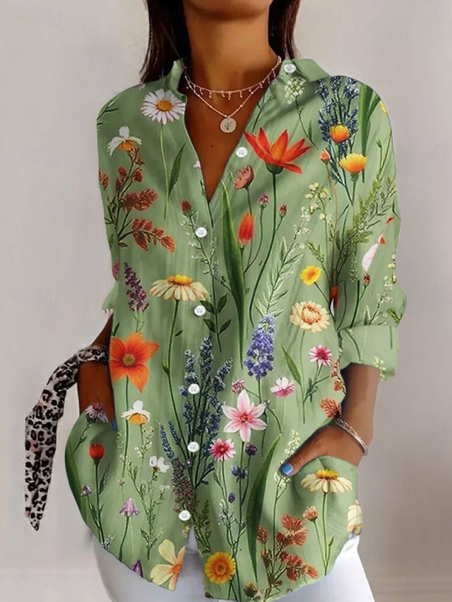  Dames Overhemd Bloemig Casual Lange mouw Overhemdkraag Normale tops Werk Dagelijks Knop Afdrukken Groen Lente Herfst Winter