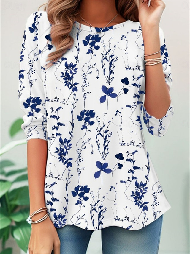  Women's T Shirt Floral Casual Long Sleeve Crew Neck Regular Tops Daily Print Blue Spring Fall