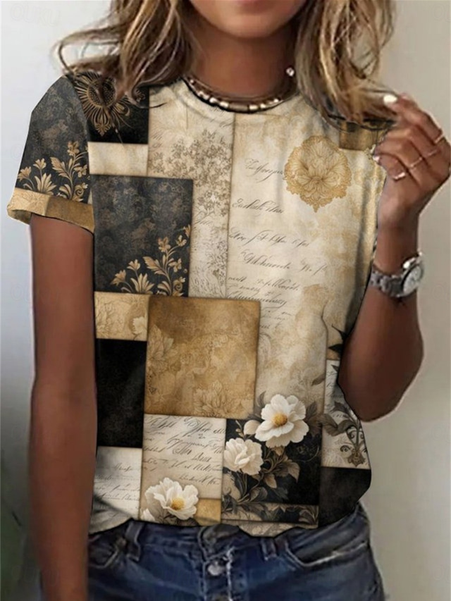  Women's T Shirt Plaid Casual Short Sleeve Round Neck Regular Tops Daily Print Khaki Summer