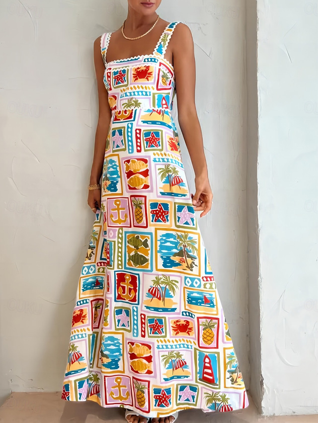  Women's Maxi Dress Corset Dress A Line Dress Summer Dress Slip Dress Vacation Vacation Daily Regular Fit Graphic Sleeveless Square Neck White Summer
