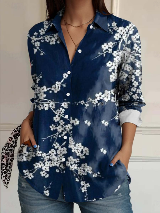  Women's Shirt Animal Geometric Casual Long Sleeve Shirt Collar Regular Tops Work Daily Buttons Print Blue Spring Fall Winter
