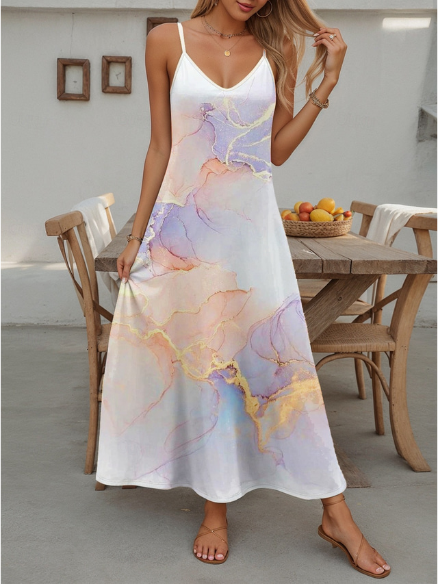  Women's Maxi Dress Casual Dress Maxi Dress Sundress A Line Dress Casual Flowy Vacation Casual Daily Regular Fit Marble Sleeveless V Neck White Summer Spring