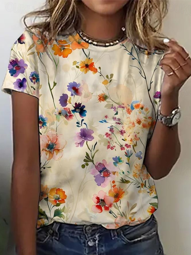  Women's T Shirt Floral Stylish Casual Short Sleeve Crew Neck Regular Tops Daily Print off-white Summer