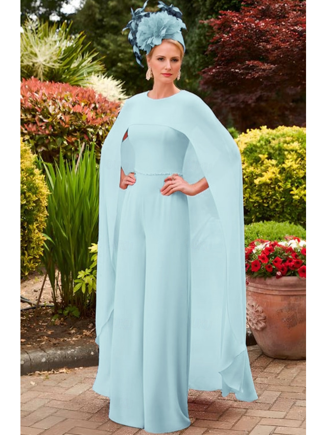  Pink Blue Column Jumpsuit Formal Mother of the Bride Wedding Elegant Vintage Jewel Neck Floor Length Stretch Chiffon Half Sleeve with Sash / Ribbon  Race Day Dress