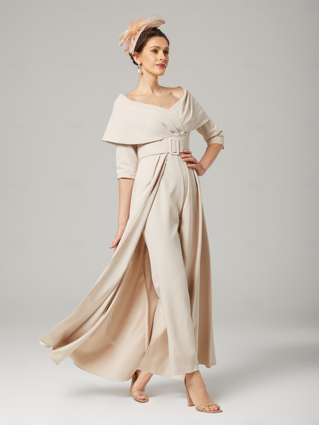  Combinaison Deux Pièces  Tailleur Mère de la Mariée Invité de Mariage Élégante Fête Col Rond Hors Épaule Longueur Cheville Tissu Élastique Manches 3/4 avec Ceinture  Ruban 2025