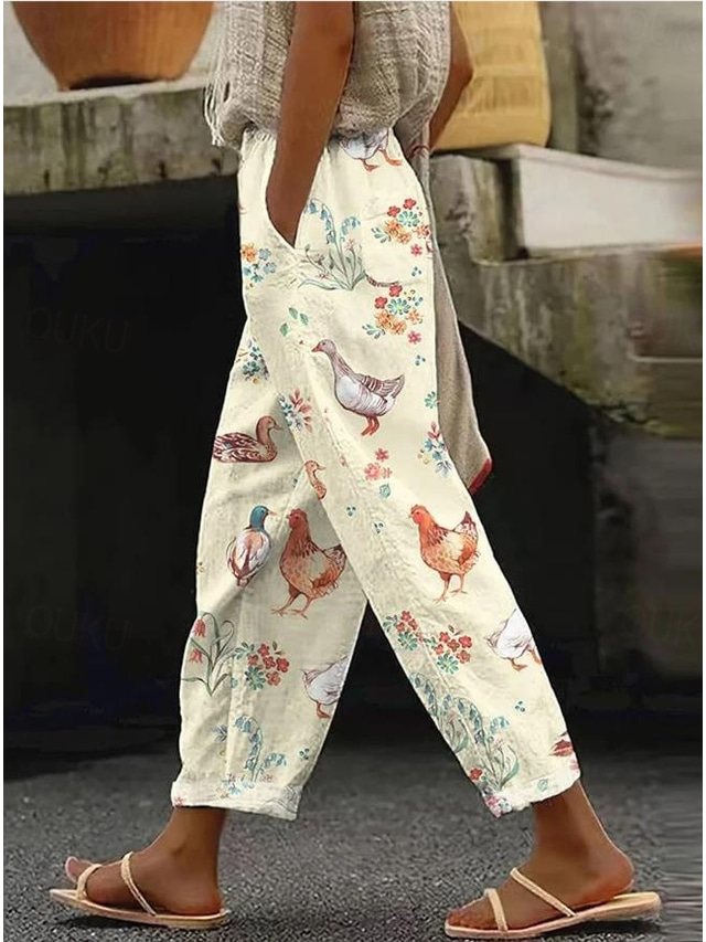  Women's Cotton Linen Pants Baggy Pants Linen Like Fashion Streetwear Full Length High Waist Floral Graphic Animal Printing Thermal Warm Breathable Soft Micro-elastic Outdoor Daily Light Yellow