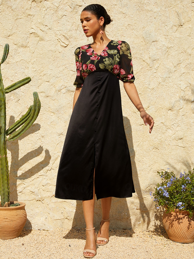  Women's Midi Dress Casual Dress A Line Dress Elegant Stylish Casual Vacation Daily Regular Fit Floral Half Sleeve V Neck Black Summer