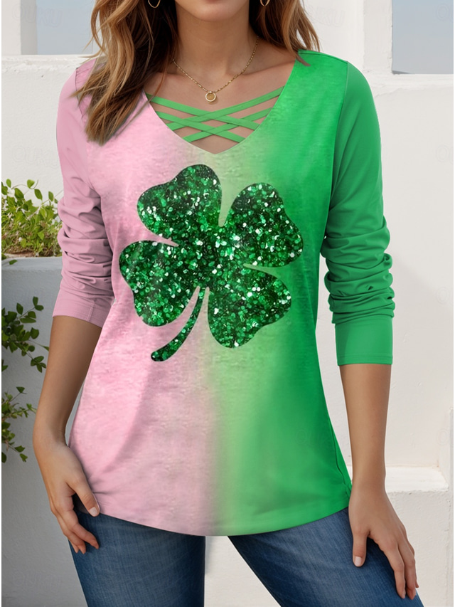  St. Patrick Women's T Shirt Casual Long Sleeve V Neck Regular Tops Daily Cut Out Print Green Spring Fall