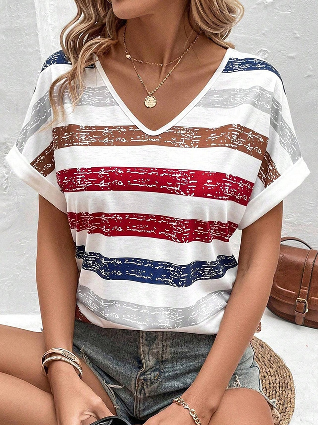  Women's T Shirt Striped Stylish Casual Short Sleeve V Neck Regular Tops Daily Print Red Summer