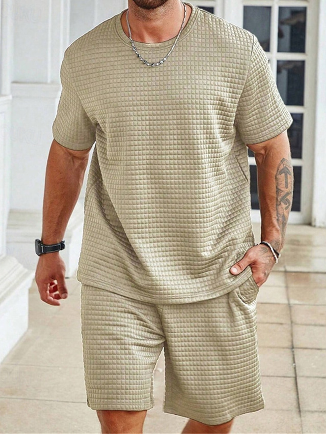 Men's Waffle Tracksuit T shirt & Shorts Set Outfit Set Crew Neck Outdoor Daily Sports Pocket Drawstring 2 Piece Plain Black White Khaki Polyester Activewear Classic Casual Summer