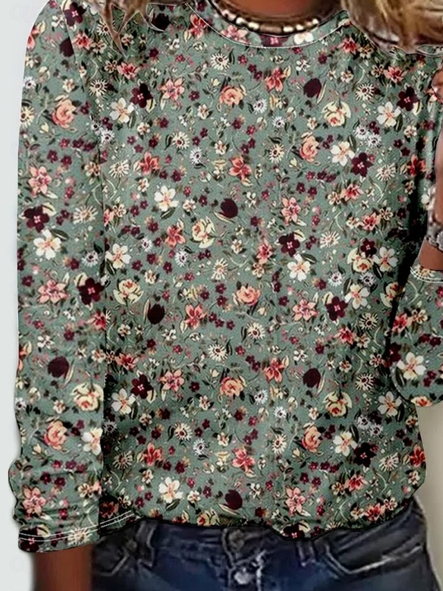  Damen T Shirt Blumen Elegant Vintage Mode Langarm Rundhalsausschnitt Normale Oberteile Täglich Ausgehen Wochenende Druck Salbeigrün Sommer Frühling