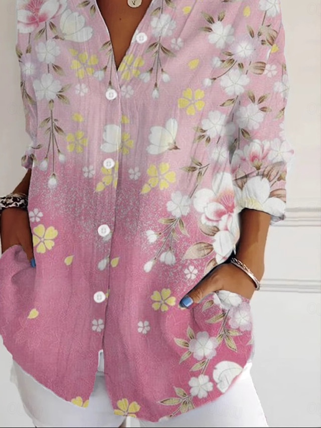  Kvinnors skjorta ombre blommig grafisk vardaglig stilren retro vintage långärmad skjortkrage regelbundna toppar vardagshelg gå ut knappar rosa sommar vår
