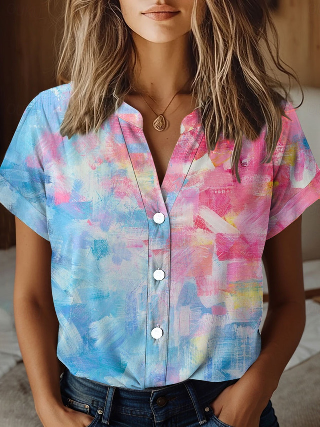  Camisa de mujer ombre geométrica elegante camiseta de playa de manga corta cuello regular tops diarios estampado de botones azul primavera otoño