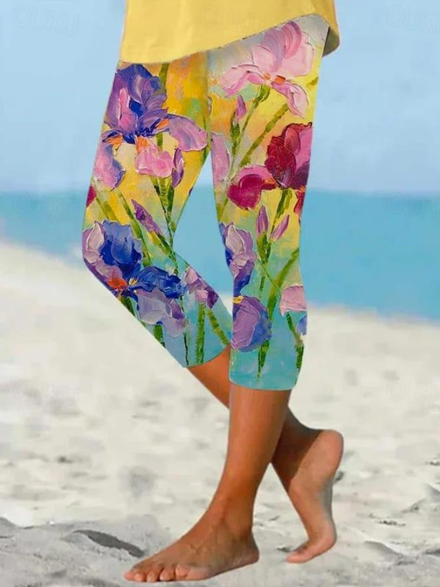  Calças Leggings Capri Femininas Alta Elasticidade Moda de Férias Comprimento no Tornozelo Cintura Média Estampas Florais Térmico Quente Respirável Macio Férias Casual Dia a Dia Amarelo Claro Verão