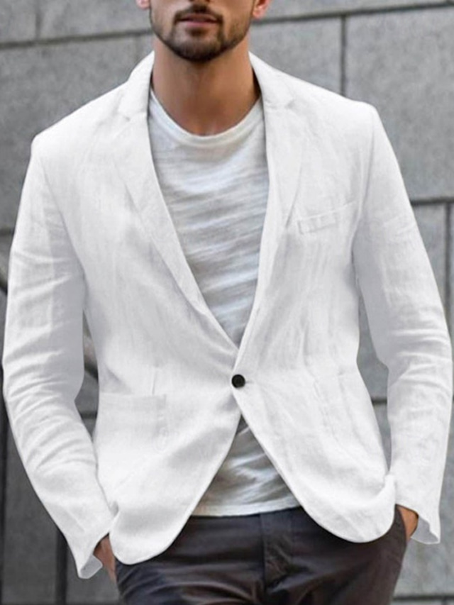  Men's Linen Blazer Blazer Business Cocktail Party Wedding Party Fashion Casual Spring Autumn / Fall Linen Cotton Blend Solid Color Buttons Pocket Comfortable Single Breasted One-button Blazer Black