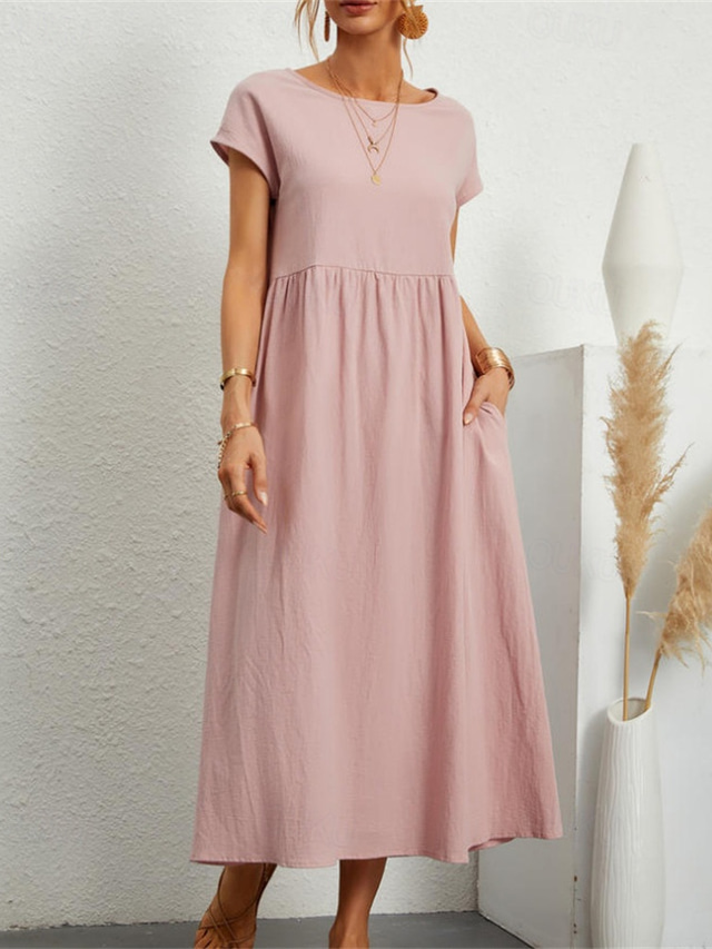  Mujer Vestido Midi Vestidos inspirados en el lino Vestido informal Vestido de lino de algodón Vestido de una línea Elegante Casual Vacaciones Diario Cita Ajuste regular Plano Manga Corta Cuello Barco