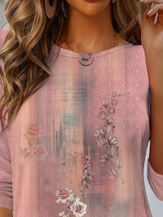  Women's T Shirt Floral Casual Long Sleeve Crew Neck Regular Tops Daily Print Pink Spring Fall