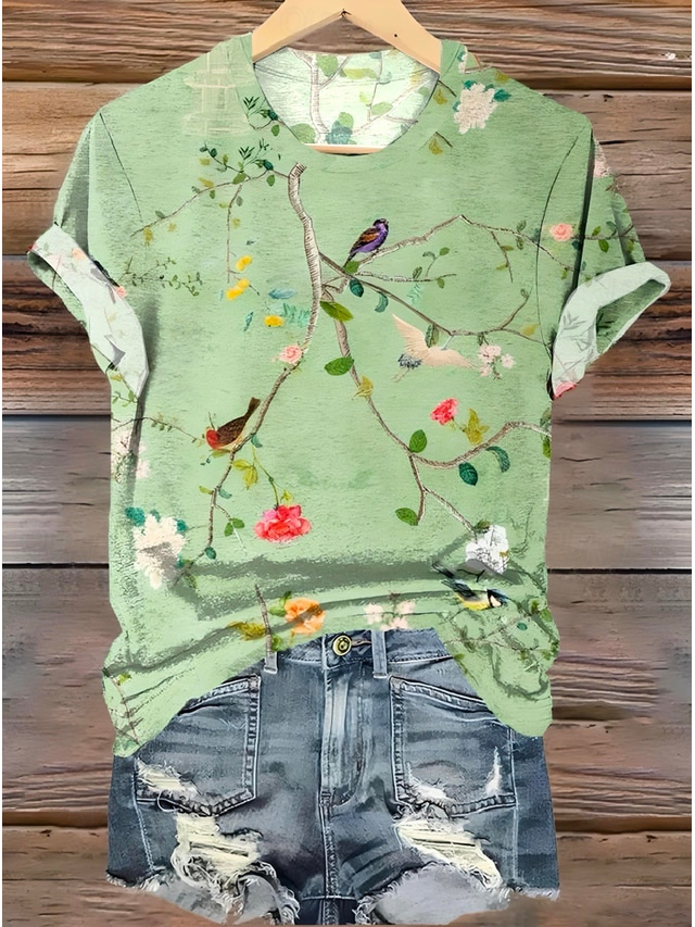  Women's T Shirt Floral Graphic Vintage Fashion Stylish Short Sleeve Round Neck Regular Tops Daily Going out Weekend Print Grass Green Summer