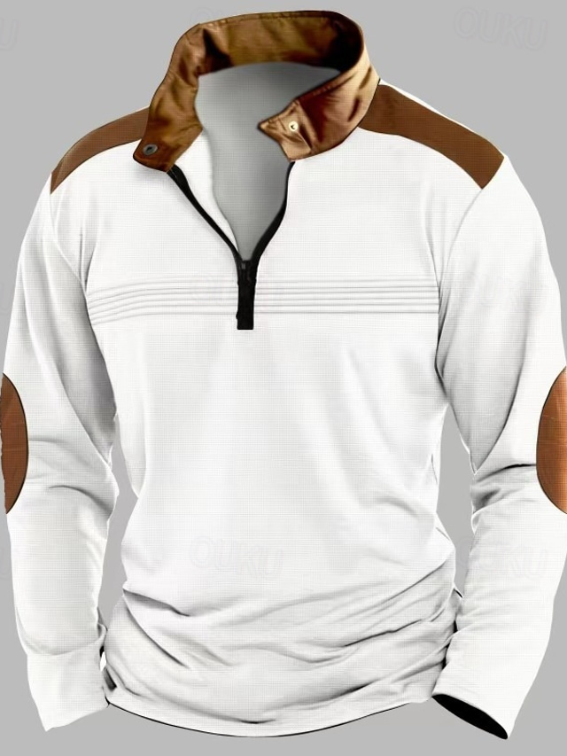  Men's Quarter Zip Polo Golf Shirt Daily Holiday Quarter Zip Long Sleeve Fashion Modern Color Block Patchwork Spring Fall Regular Fit Black White Pink Red Sky Blue Brown Quarter Zip Polo