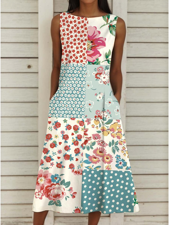  Kvinnors Midi Klänning Boho Klänning Strandklänning Strandkläder Tryck Lätt Blommig Båthals Ärmlös Regelbunden Passform Semester Rosa