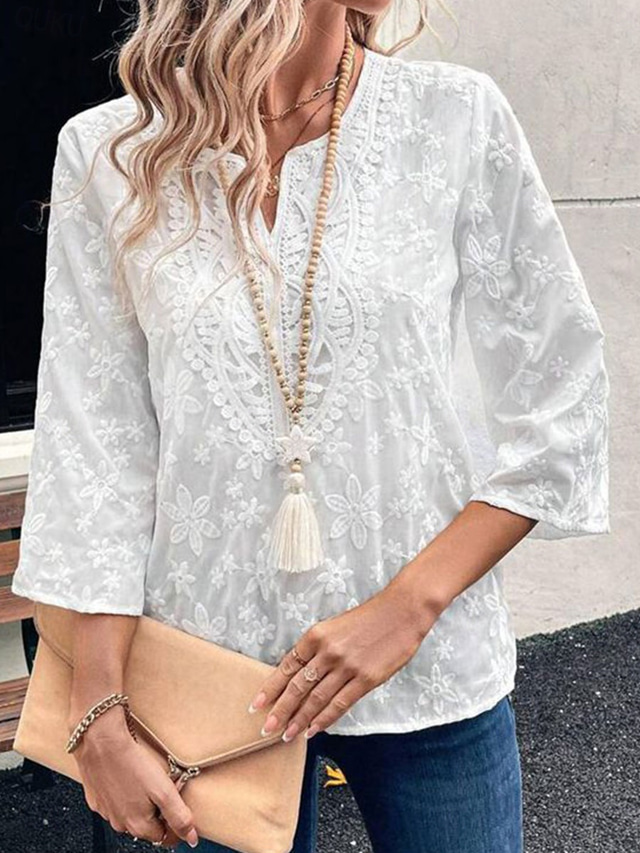  Women's Blouse Solid Color Elegant Daily Stylish 3/4 Length Sleeve V Neck Regular Tops Work Daily Holiday Embroidered White Summer Spring Fall