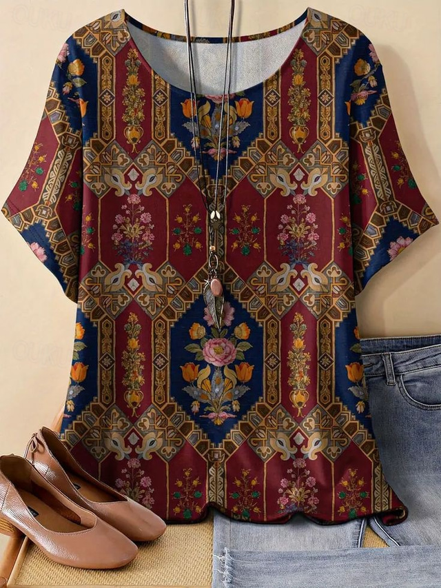  Damskie Koszule inspirowane lnem Podkoszulek Letnie szczyty Graficzny Geometryczny Zabytkowe Moda Codzienny Krótki rękaw Okrągły dekolt Zwykłe topy Codzienny Weekend Niejednolita całość Nadruk