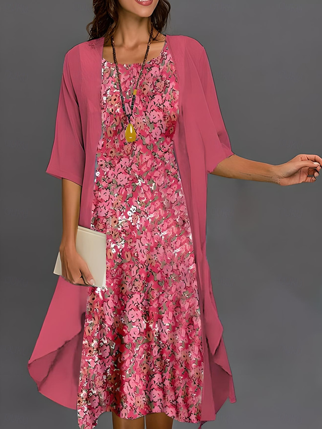  Női Diplomás Ruha Midi Ruha Chiffon Ruha Átmeneti Ruha Nyári Ruha Elegáns Stílusos Formális Esküvői Vendég Mindennapi Laza Fit Virágos Grafika Fél Ujjú Kerek Nyakú Rózsaszín Nyár Tavasz Ősz