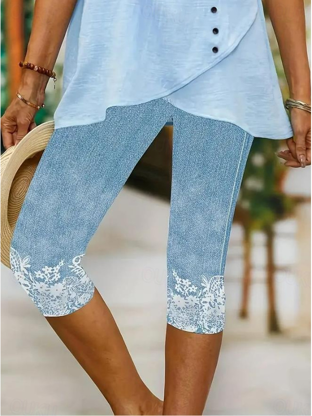  Women's Leggings Capri Pants High Elasticity Fashion Streetwear Full Length Mid Waist Floral Printing Thermal Warm Breathable Soft  Outdoor Daily Beach Buff Black Blue Sky Blue Summer Spring