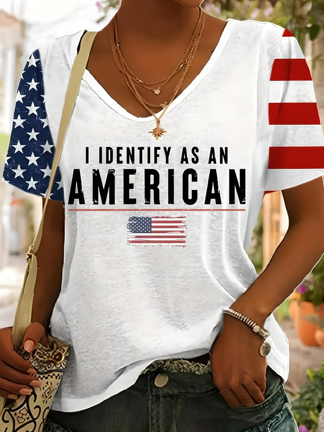  Women's Patriotic  T Shirt Flag American Flag National Flag Stylish Casual Short Sleeve V Neck Regular Tops Daily Weekend Print White Summer Spring