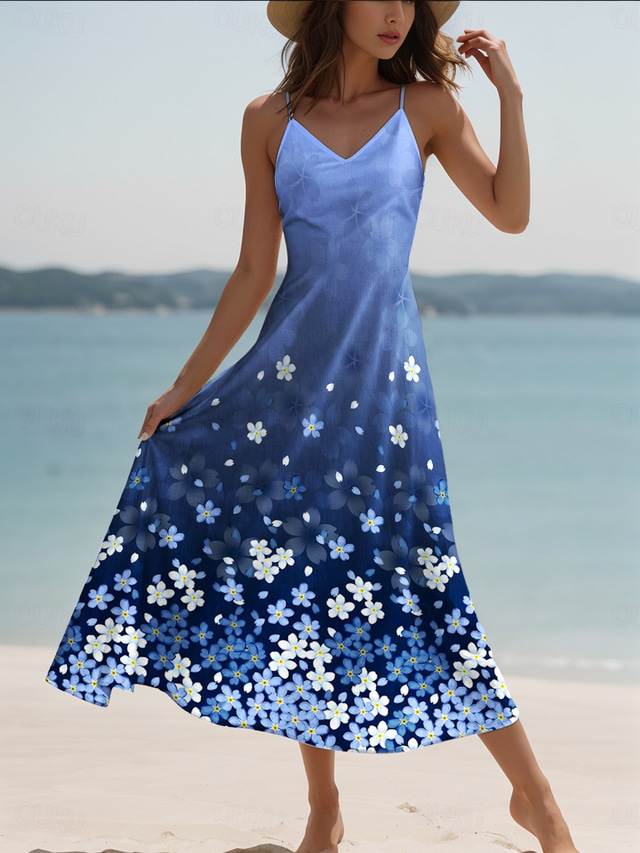  Pentru femei Rochie Maxi Rochie A line Rochie Slip Vacanță Casual Vacanță Casual Zilnic Fit regulat Ombre Floral Grafic Fără manșon În V Albastru piscină Vară Primăvară