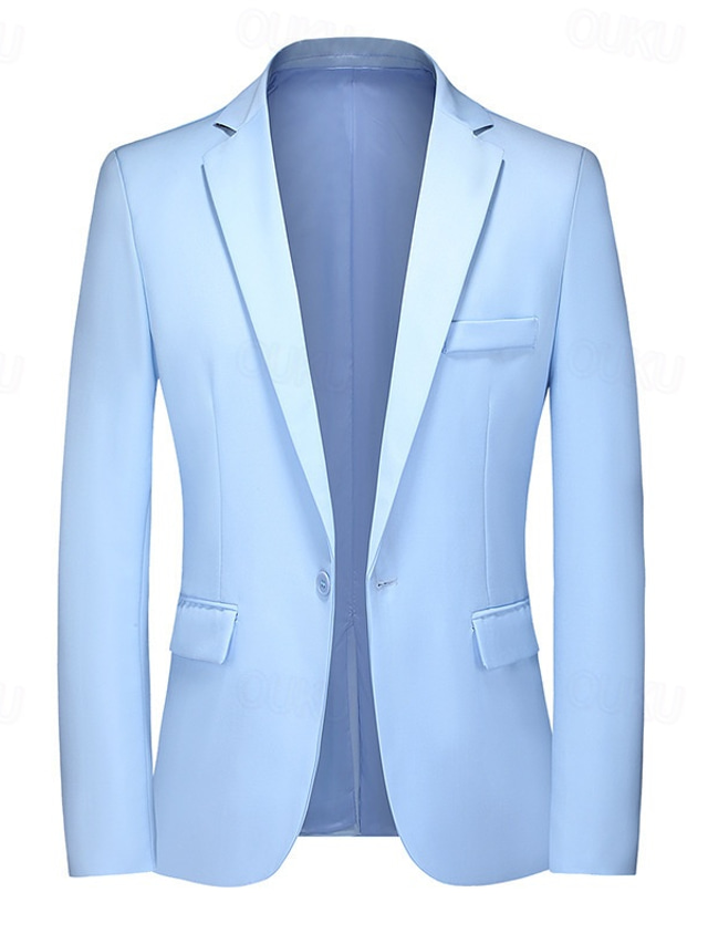  Men's Blazer Business Cocktail Party Wedding Party Fashion Casual Spring Autumn / Fall Linen Plain Buttons Pocket Comfortable Single Breasted Blazer Black Yellow Navy Blue Sky Blue