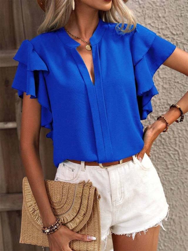  Women's Shirt Blouse Solid Color Stylish Casual Short Sleeve V Neck Regular Tops Work Daily Holiday Ruffle Black Wine Blue Green Summer Spring