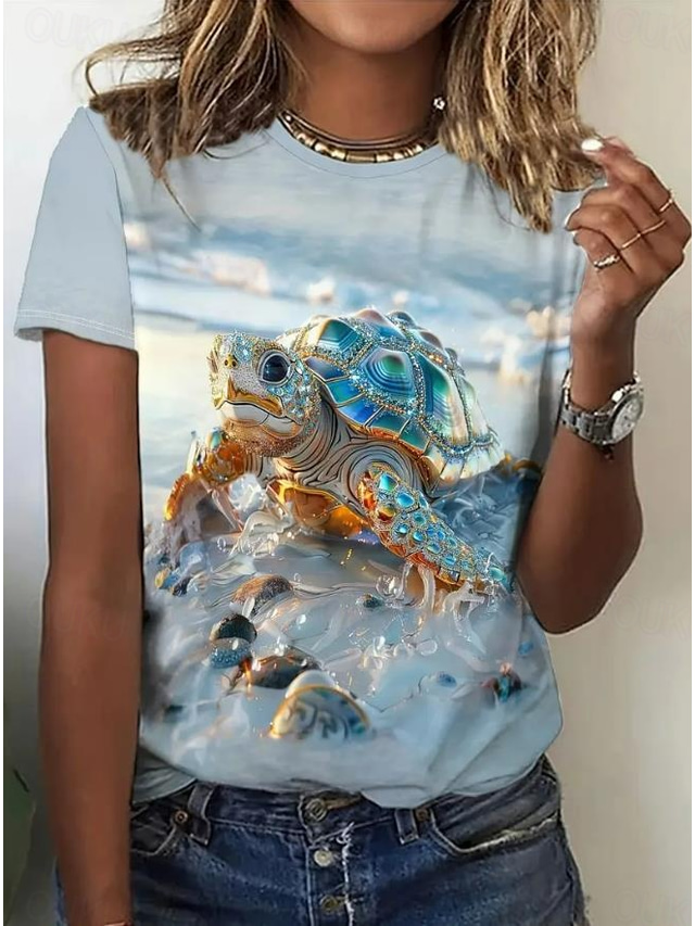  Women's T Shirt Rose Floral Graphic Elegant Vintage Fashion Short Sleeve Round Neck Regular Tops Daily Going out Weekend Print Sky Blue Summer