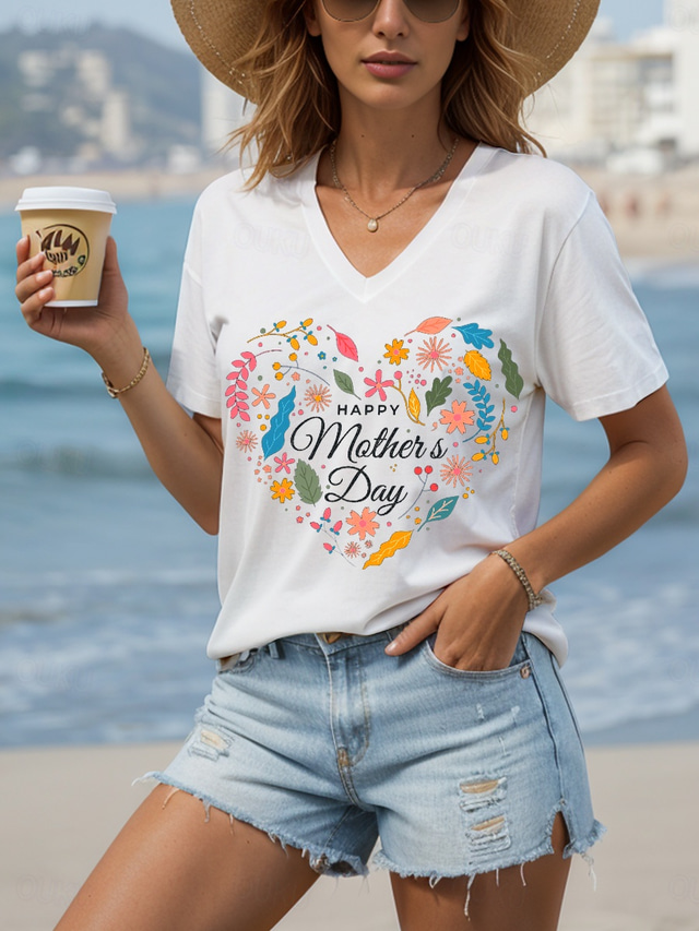  Mother's Day Women's Blouse Heart Floral Mom Casual Short Sleeve V Neck Regular Tops Daily Going out Beach Wear Print Black White Summer