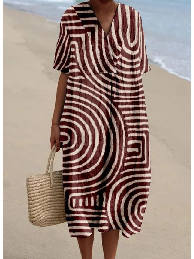  Robe midi pour femme, robe d'été, robe trapèze, vacances, décontractée, plage, lin, comme pour sortir, coupe ample, manches courtes, col en V, bordeaux, orange, blanc cassé, gris foncé