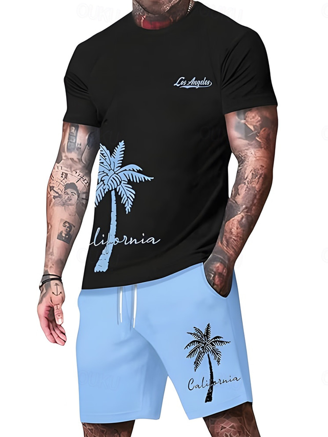  Per uomo Palma 2 pezzi Set di magliette Top estivi Manica Corta Pantaloni corti Girocollo Canotta sportiva Casual Vacanza al Mare All'aperto Sport Quotidiano Stampa 3D Estate Nero Verde Rosso