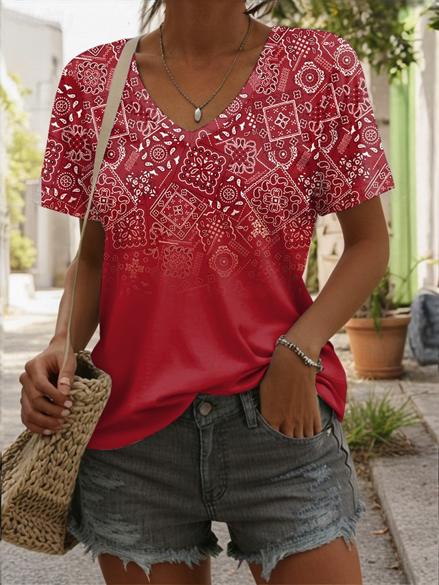  Femmes T-shirt A Ombre Fleuri Graphique Occasionnel Manche Courte Col en V Hauts Réguliers Quotidien Imprimé Jaune Rouge Bleu Été Printemps