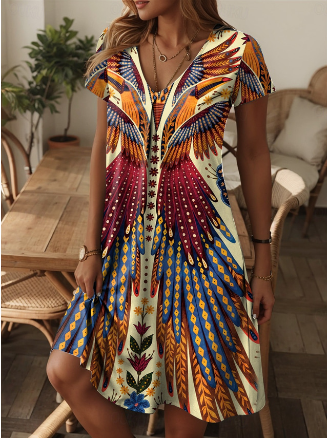  Women's Mini Dress Petite Dress Casual Dress Sundress A Line Dress Summer Dress Elegant Vacation Stylish Vacation Daily Regular Fit Graphic Feather Boho Short Sleeve Crew Neck Yellow Summer