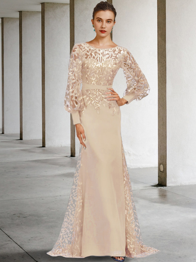  Suknia Syrenka Matki Panny Młodej Gościa Weselnego Elegancka Vintage Suknia z Dekoltem w Klejnoty Tren Ślizgowy  Zmiękczający Chiffon Koronka Długi Rękaw z Cekiny Falbanami 2025 darmowy rozmiar na